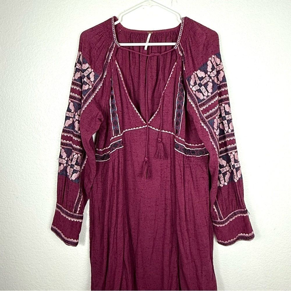 Free People Burgundy Embroidered Long Sleeve Tunic Dress - Picture 2 of 11